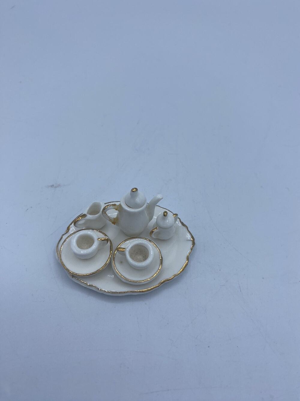 Miniature Tea Set Ceramic Vintage White With Gold Trim Sauces Cups 10 pieces